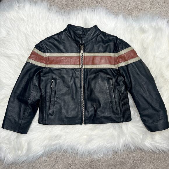 WILSONS LEATHER Black Leather Biker Jacket Kids Size XS Moto Striped Motorcycle - Picture 1 of 10